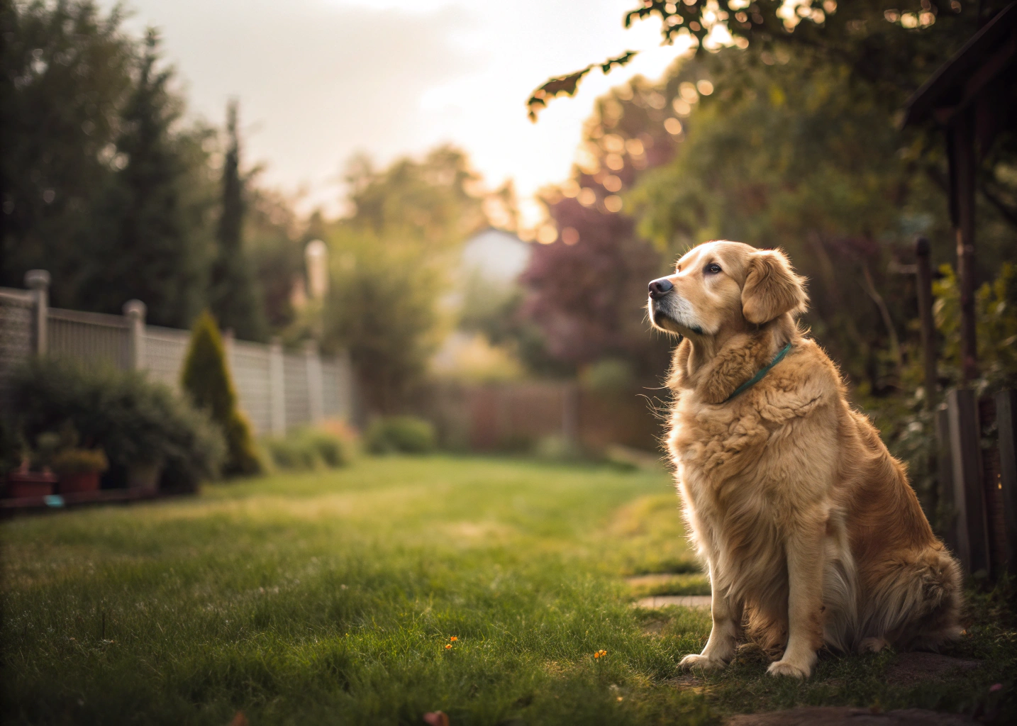 Golden sitting on a lawn
