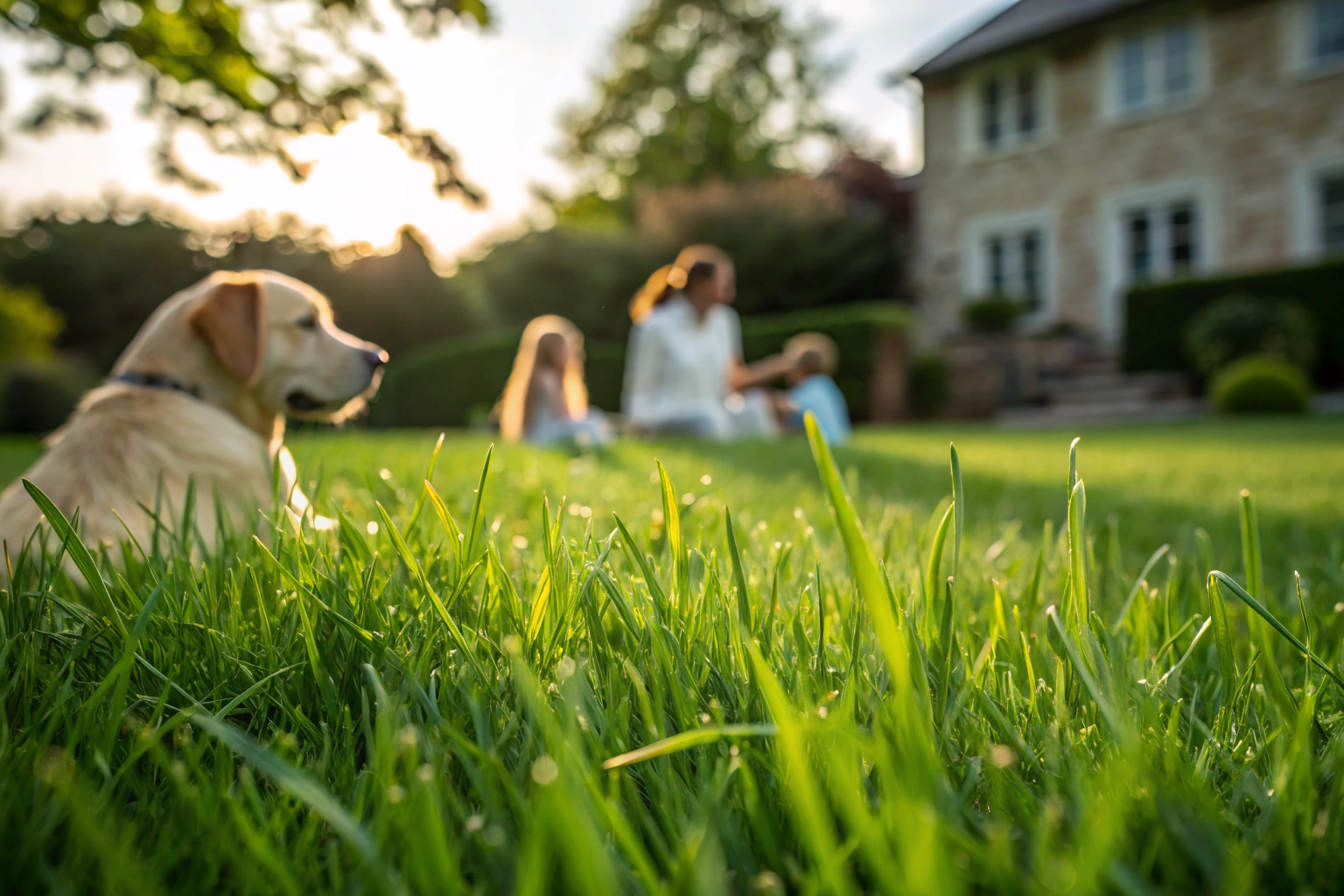 a dog with a family sitting on the lawn, to show how nice lawns cleaned by Yardly Pup Look